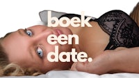 a woman laying on a bed with the words book en date