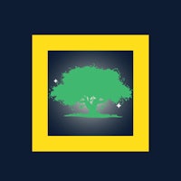 a green tree in a yellow square on a dark background