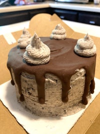 a chocolate cake with chocolate frosting on top