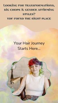 a woman with colorful hair and the words looking for transformations, big chops and gender