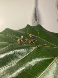 a pair of earrings sitting on a leaf