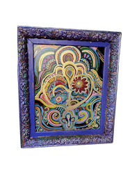 a framed painting with a colorful design on it