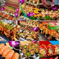 a collage of pictures of different types of sushi