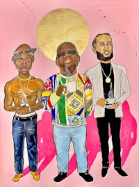 a painting of three men standing in front of a pink background