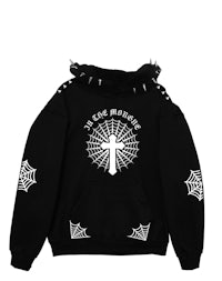 a black hoodie with a cross and spiders on it