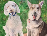 a painting of two dogs sitting next to each other