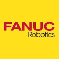 fanuc robotics logo on a yellow background