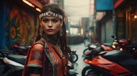 a woman in a colorful outfit standing in front of motorcycles