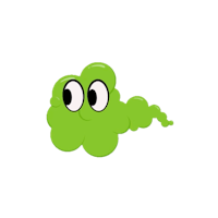 a green cartoon cloud with eyes on a black background