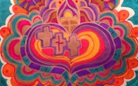 a colorful painting of a heart with crosses on it