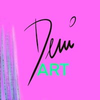deni art logo on a pink background