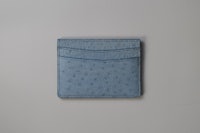 a blue ostrich card holder on a white surface