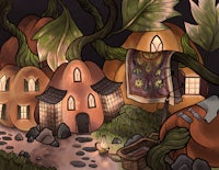 a cartoon illustration of a pumpkin village