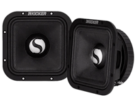 a pair of black speakers with a logo on them
