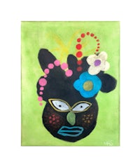 a painting of a black woman with colorful flowers on her head