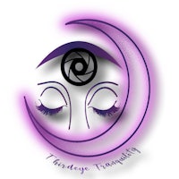 a purple logo with a woman's eye and a crescent moon