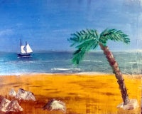 a painting of a palm tree and a sailboat on the beach