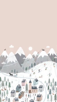 an illustration of a village in the snow
