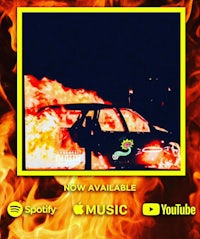 a car on fire with the words'now available'