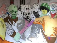 a drawing of a group of people with masks on their faces
