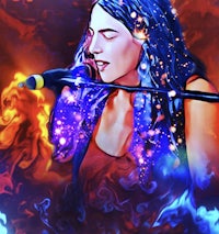 a painting of a woman singing into a microphone