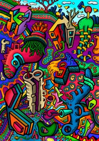 a colorful psychedelic painting with a lot of colorful objects