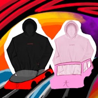 a hoodie with a pink car and a pink hoodie