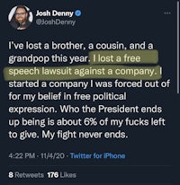 a tweet from joe denny saying he lost a brother, a cousin and a grandpa against a free