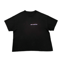 a black t - shirt with a pink logo on it