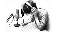 a black and white drawing of a man writing with headphones and a microphone