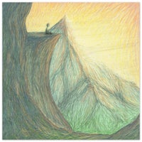 a drawing of a man sitting on the edge of a cliff