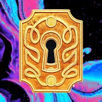 a golden key with a keyhole on a colorful background