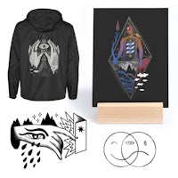a black hoodie with an image of an owl and a piece of wood