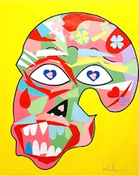 a painting of a colorful face on a yellow background