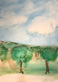 a watercolor painting of trees in a field