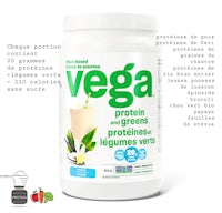 vega protein shake with ingredients on a white background