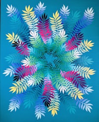 a painting of leaves on a blue background
