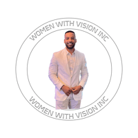 a man in a white suit with the words women with vision inc