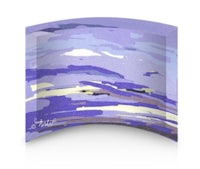 a purple and white abstract painting on a curved plate