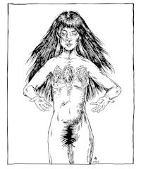 a black and white drawing of a naked woman