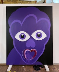 a painting of a purple face with a mouth
