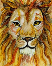 a painting of a lion with yellow eyes