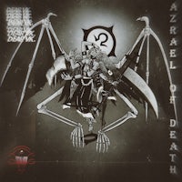 a black and white image of a demon with wings and a skull