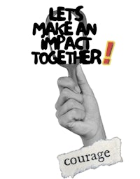 a hand holding a magnifying glass with the words let's make an impact together
