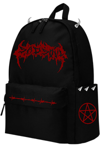 a black backpack with a red pentagram on it