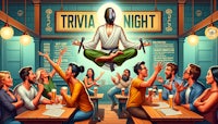 a group of people sitting at a table with the words trivia night