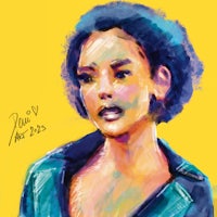 a watercolor painting of a woman with short hair