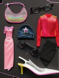 a collection of clothes and accessories for a barbie doll