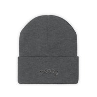 a gray beanie with a black logo on it
