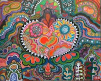 a colorful painting of a heart surrounded by colorful designs